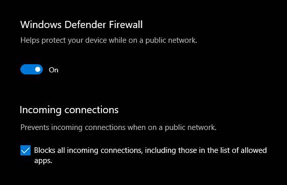 Zapnutý Windows Defender Firewall s blokováním všech příchozích spojení