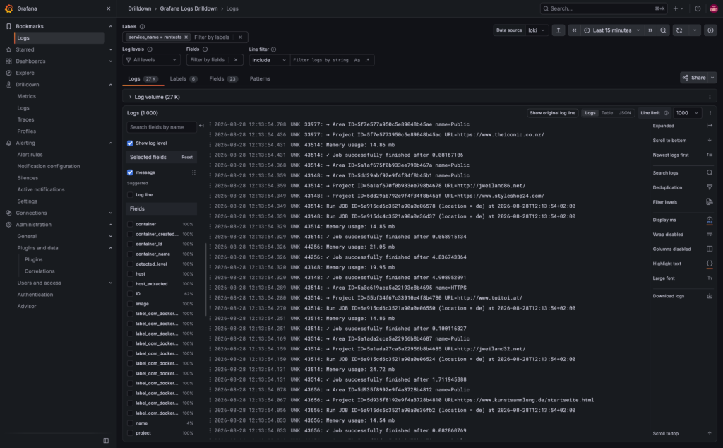 Schéma toku Docker a journald logů přes Vector do Loki a Grafany