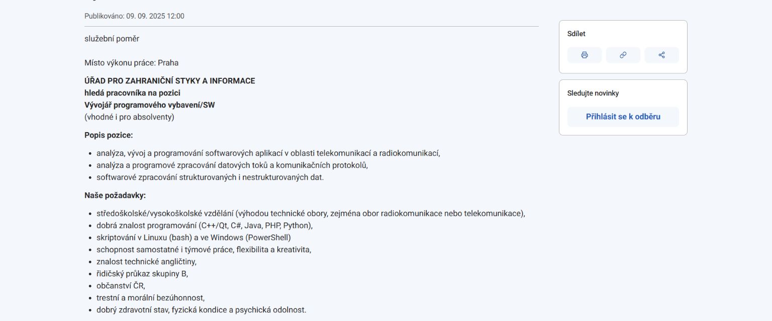 Výřez pracovní nabídky ÚZSI s popisem pozice a požadovanými technologiemi