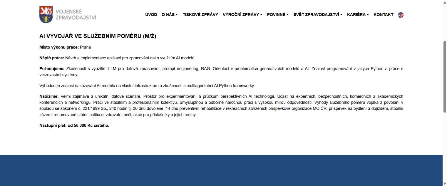 Výřez nabídky Vojenského zpravodajství pro AI vývojáře s náplní práce a požadavky