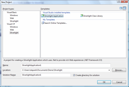 Založení nového projektu Silverlight aplikace